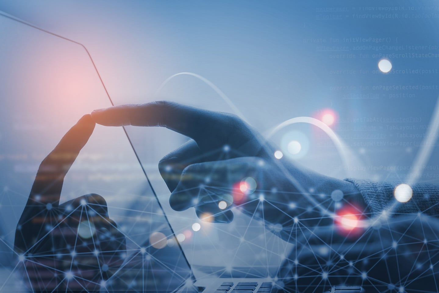 Internet network technology, IoT, digital software development, computer code, modern tech concept. Internet network with wireless connection, cloud computing, telecommunication with computer script on laptop