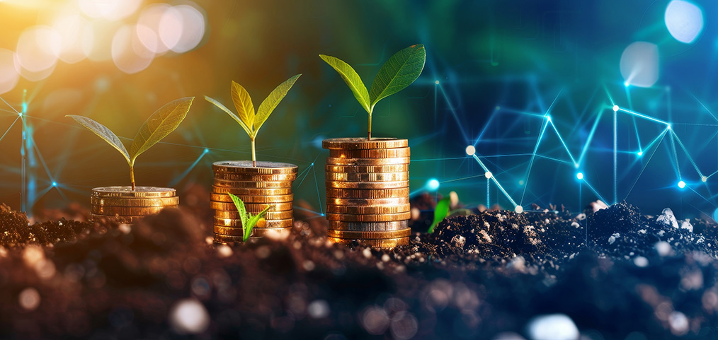 Young plants growing from coins in soil, symbolizing investment and financial growth with a futuristic technology background.
