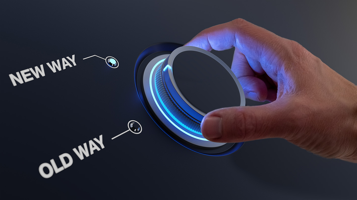 Change management concept for digital transformation or corporate organizational shift. Hand turning knob with choice between old way and new way. Forward thinking, vision and strategy.