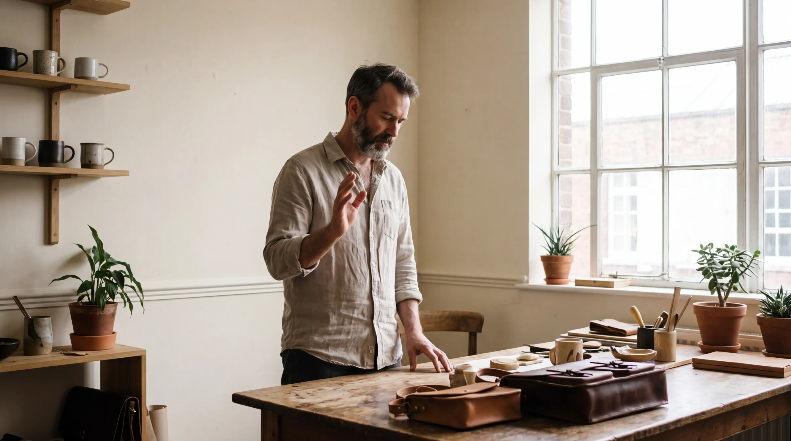 A founder pausing to think before automating a process in his workshop