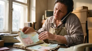 Business owner on the phone juggling an overflowing paper planner