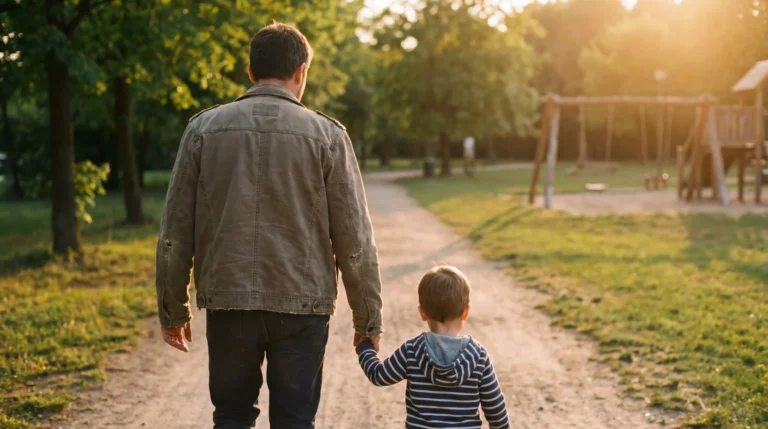 Father and son walking to a park at sunset, time taken back by automating a business with AI