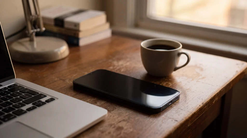 Phone on a calm desk, illustrating automatic client follow-up