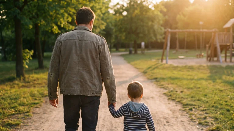 Père et son fils marchant vers un parc au coucher du soleil, le temps repris en automatisant son entreprise avec l'IA