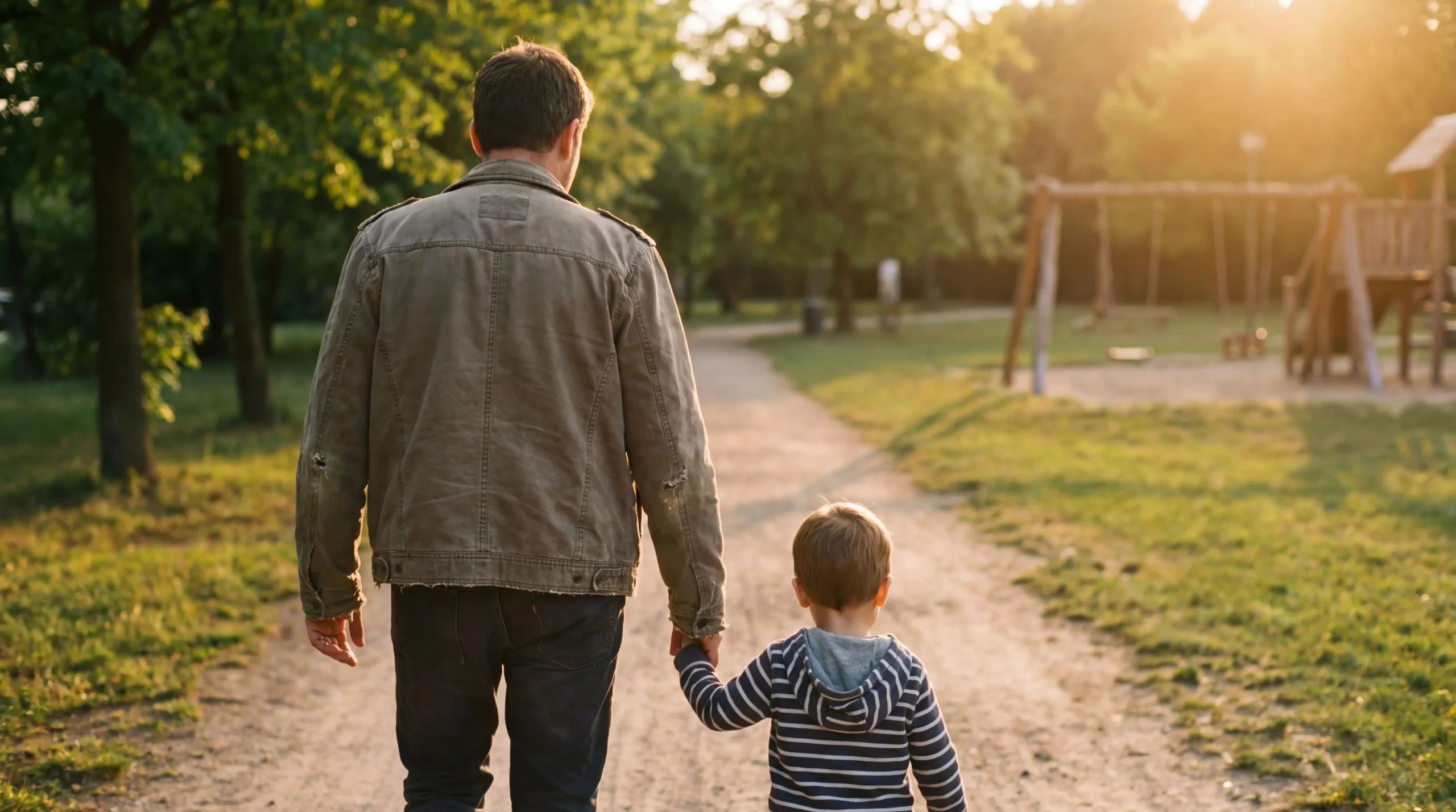 Père et son fils marchant vers un parc au coucher du soleil, le temps repris en automatisant son entreprise avec l'IA