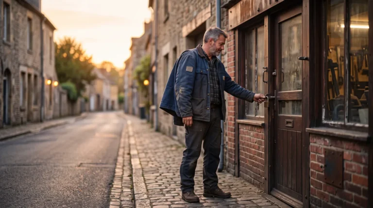 Artisan qui ferme son atelier un dimanche soir, l'esprit tranquille