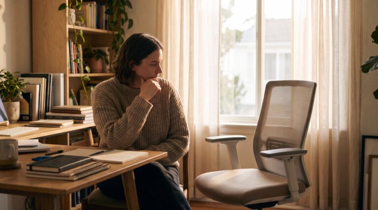 Automatiser ou embaucher une adjointe : une entrepreneure réfléchit devant une chaise de bureau vide