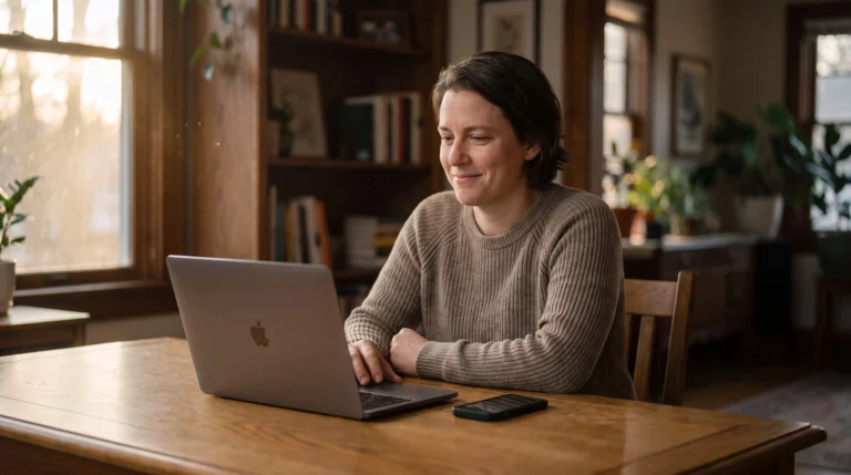 Entrepreneure sereine à son bureau pendant que son système automatise les relances clients