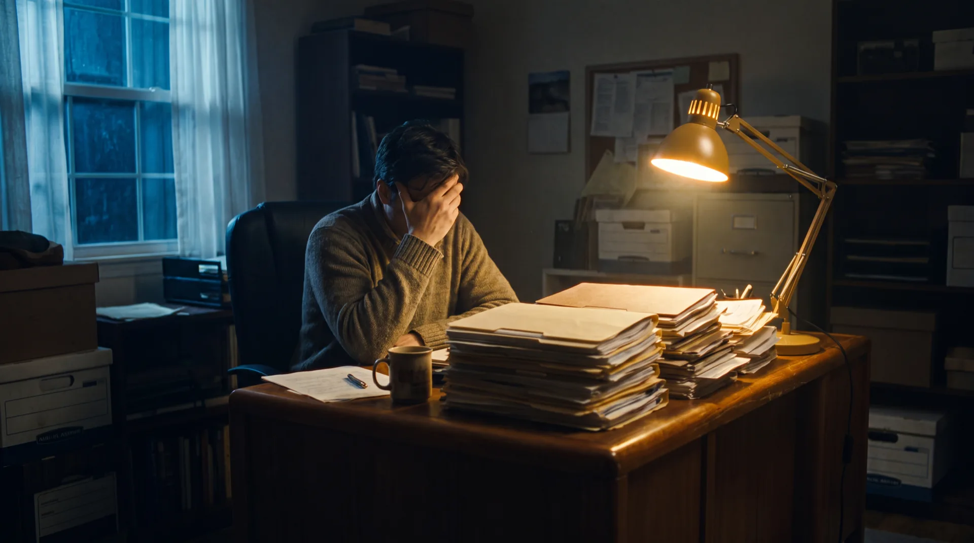 Dirigeant de PME devant une pile de paperasse le soir dans son bureau