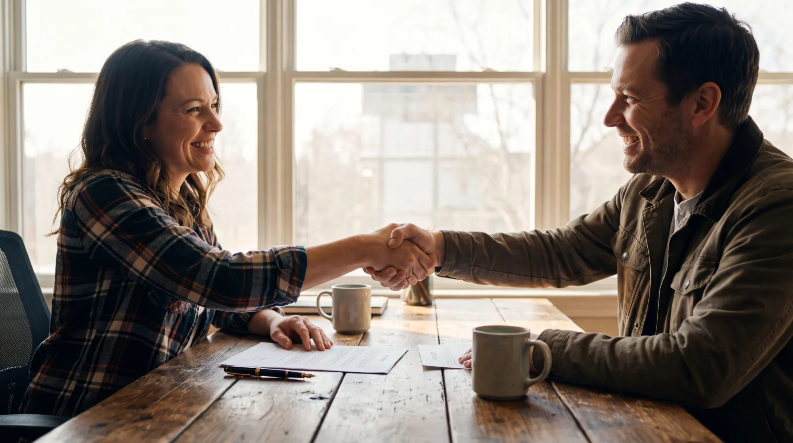 Warm handshake between a small business owner and a new client over a signed contract
