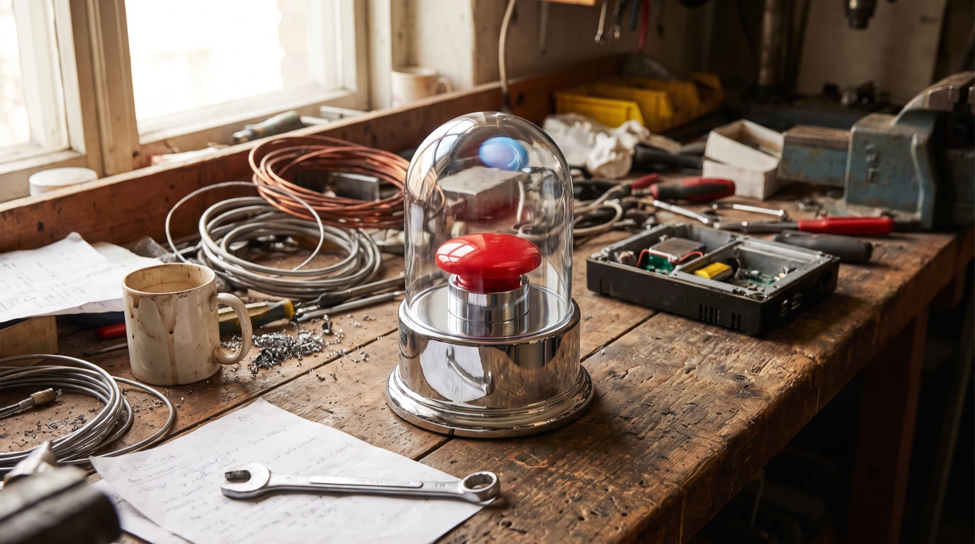 Bouton rouge sous cloche de verre au milieu d'un établi de travail, intégrer l'IA dans une PME n'a rien d'un bouton magique