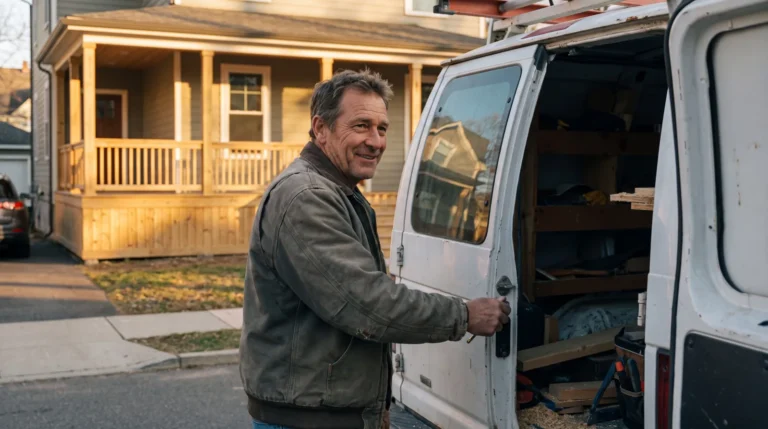 Artisan souriant qui verrouille sa camionnette au coucher du soleil après une intervention chez un client