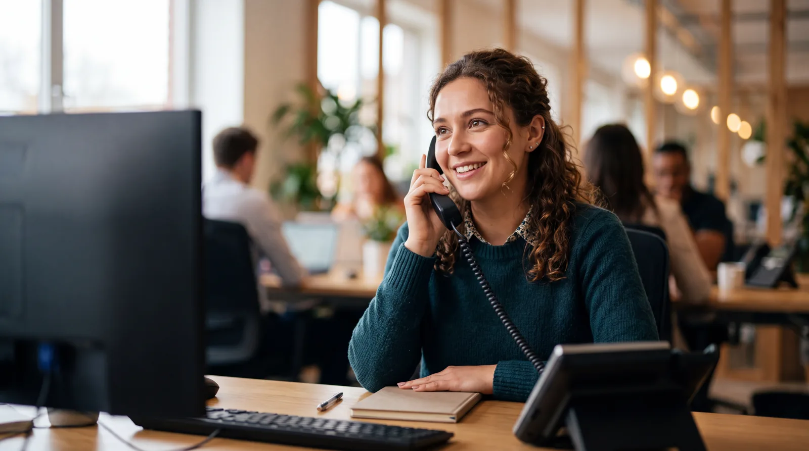 Customer service employee speaking warmly on the phone with a customer