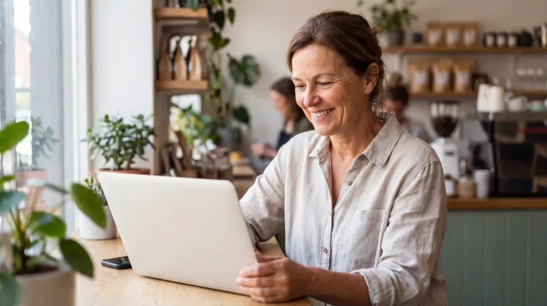Entrepreneure qui sourit en lisant un message sur son ordinateur portable, exemple d'automatiser le service client