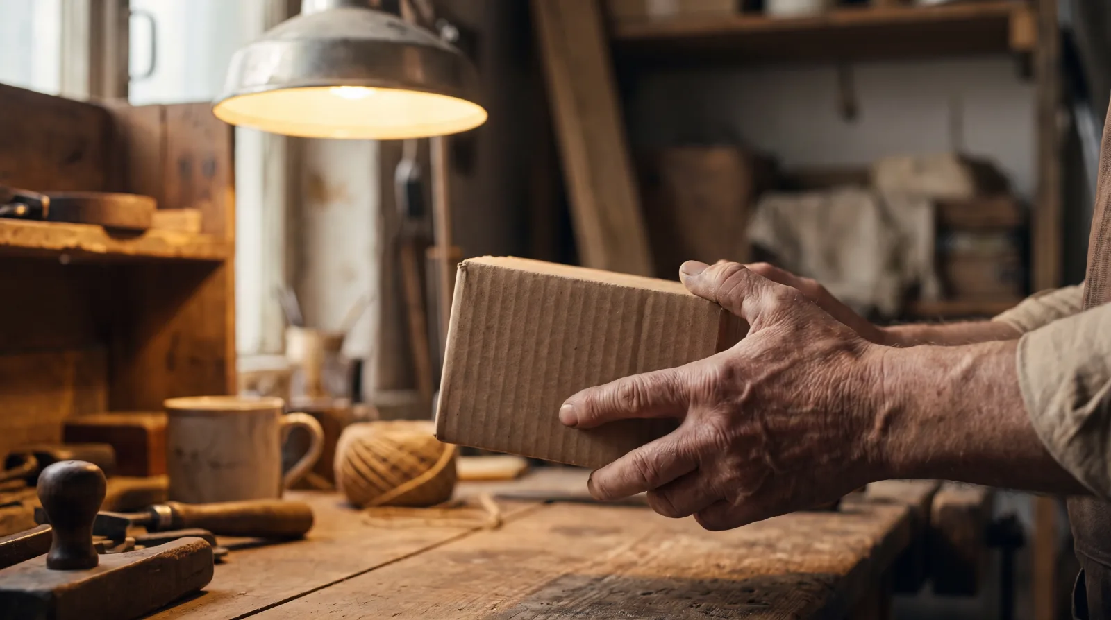 Business owner about to calculate profit margin on a cardboard box order