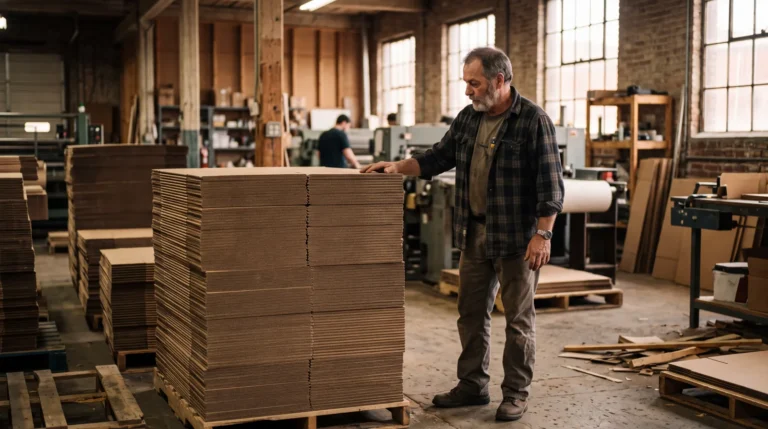 Fabricant qui inspecte des piles de feuilles de carton dans son atelier