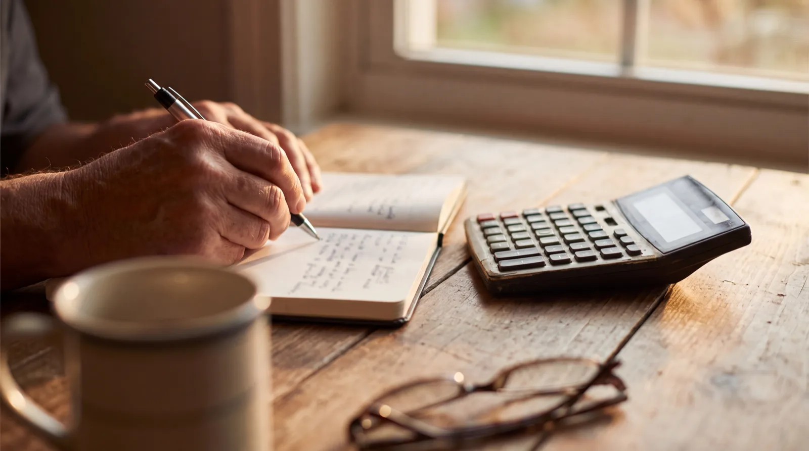 Mains qui notent dans un carnet à côté d'une calculatrice pour calculer son taux horaire