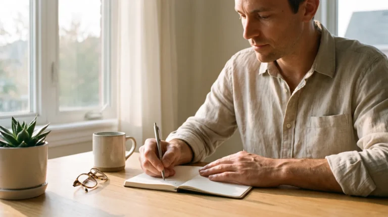Entrepreneur qui note une seule tâche dans son carnet, au calme, un matin