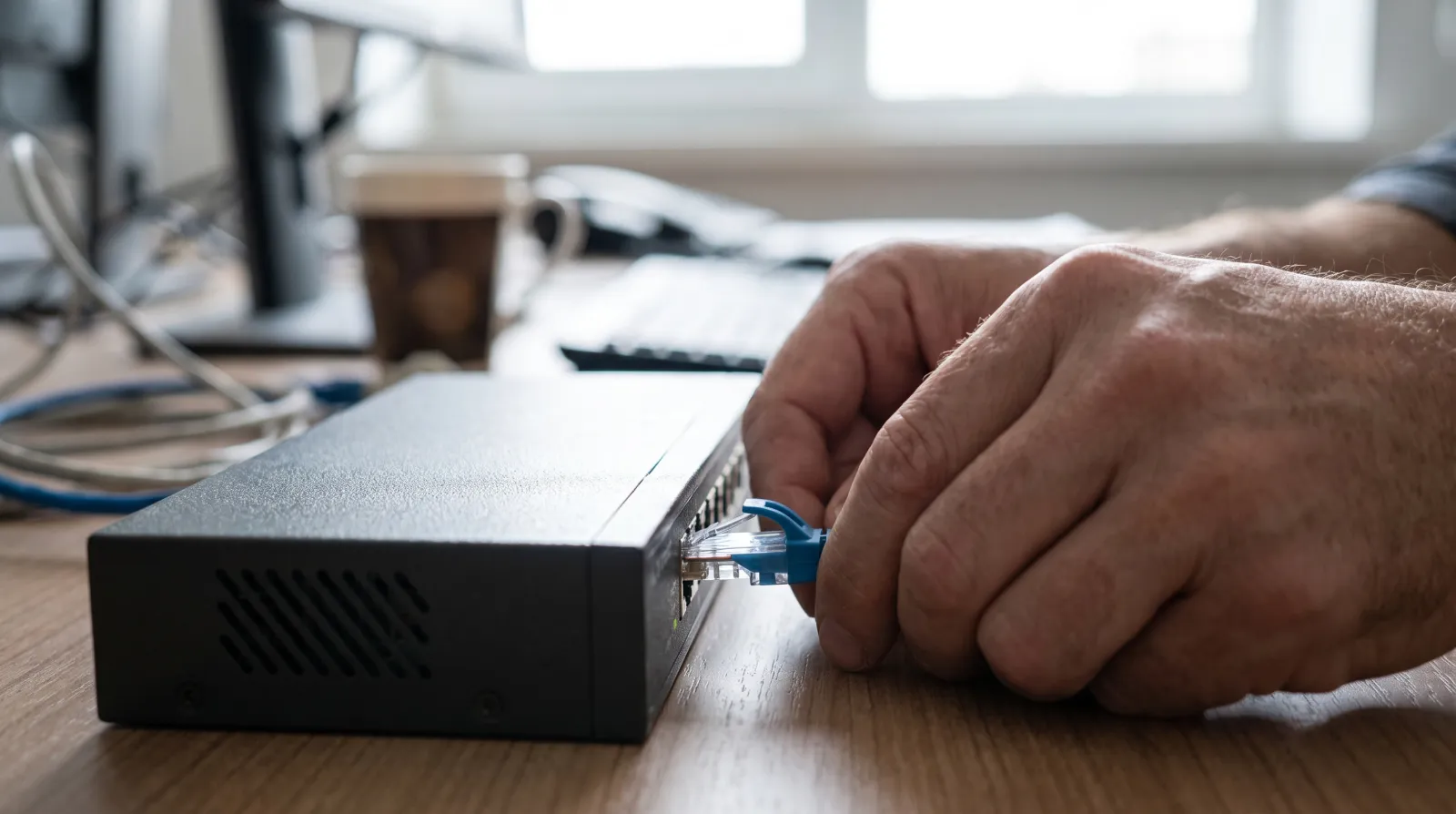 Main qui branche un câble réseau dans un switch pour connecter ses outils entre eux