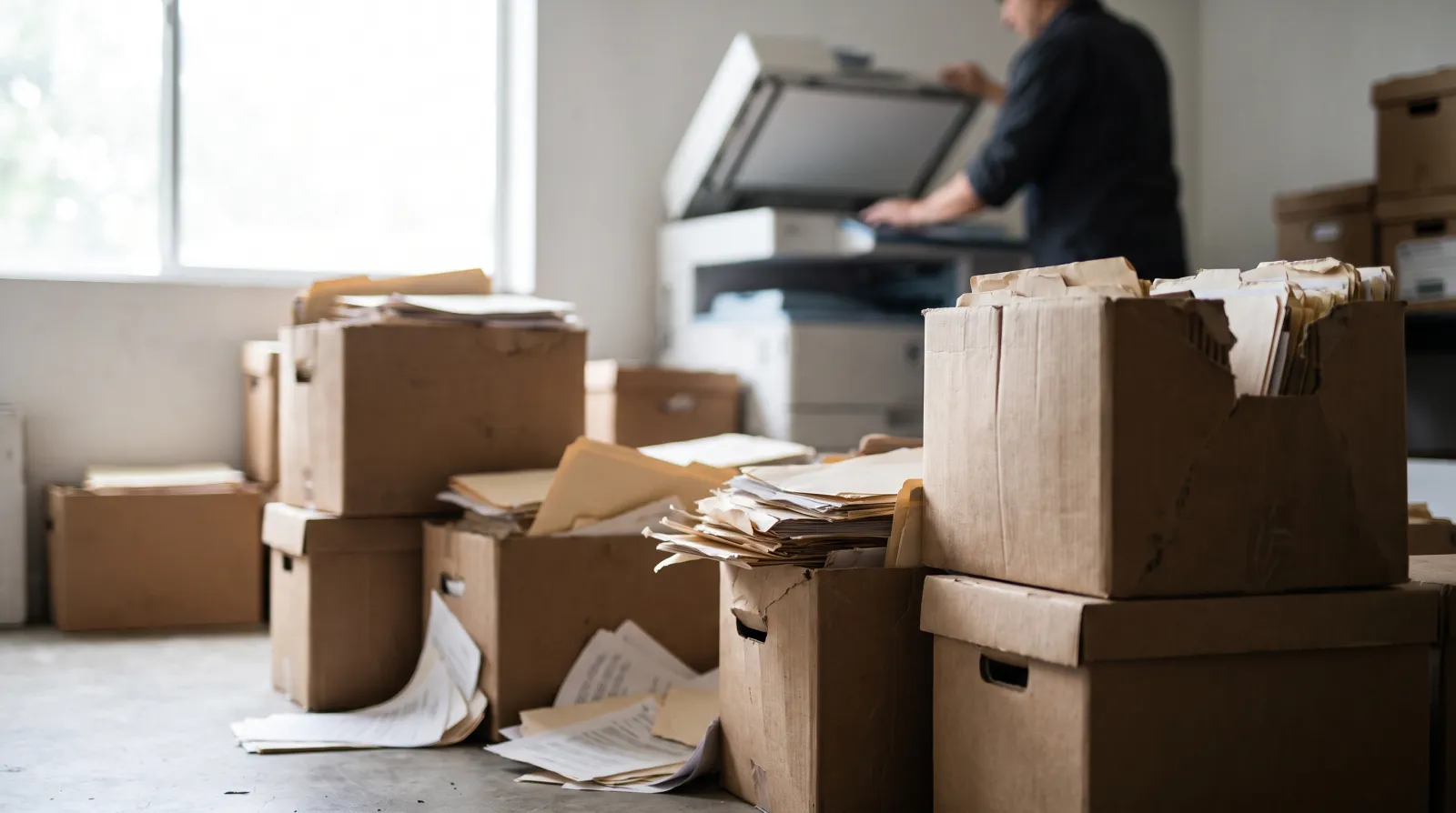 Stacks of paper archive boxes in an office, an employee at the scanner in the background