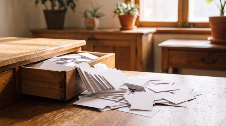 Tiroir de bureau qui déborde de cartes d'affaires accumulées