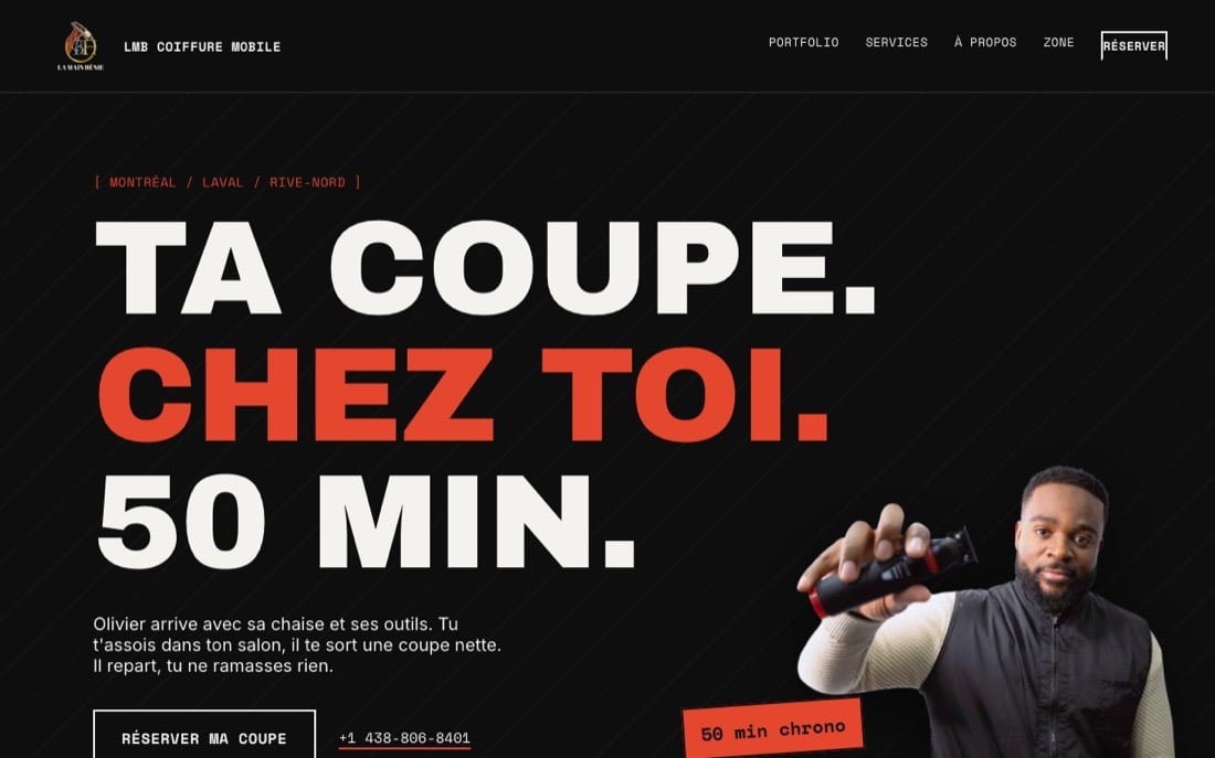 Page d'accueil du site LMB Coiffure Mobile, barbier à domicile à Montréal, Laval et Rive-Nord