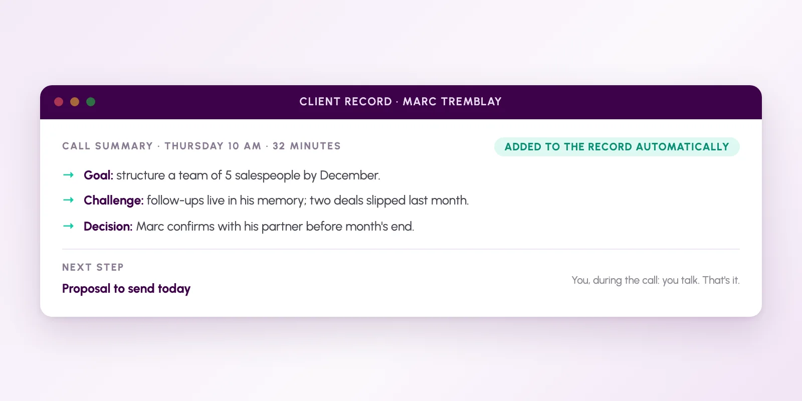 Call summary saved automatically on the contact record