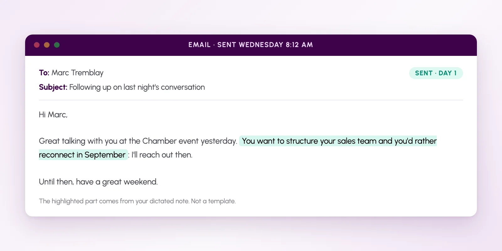 Personalized follow-up email sent the day after the event