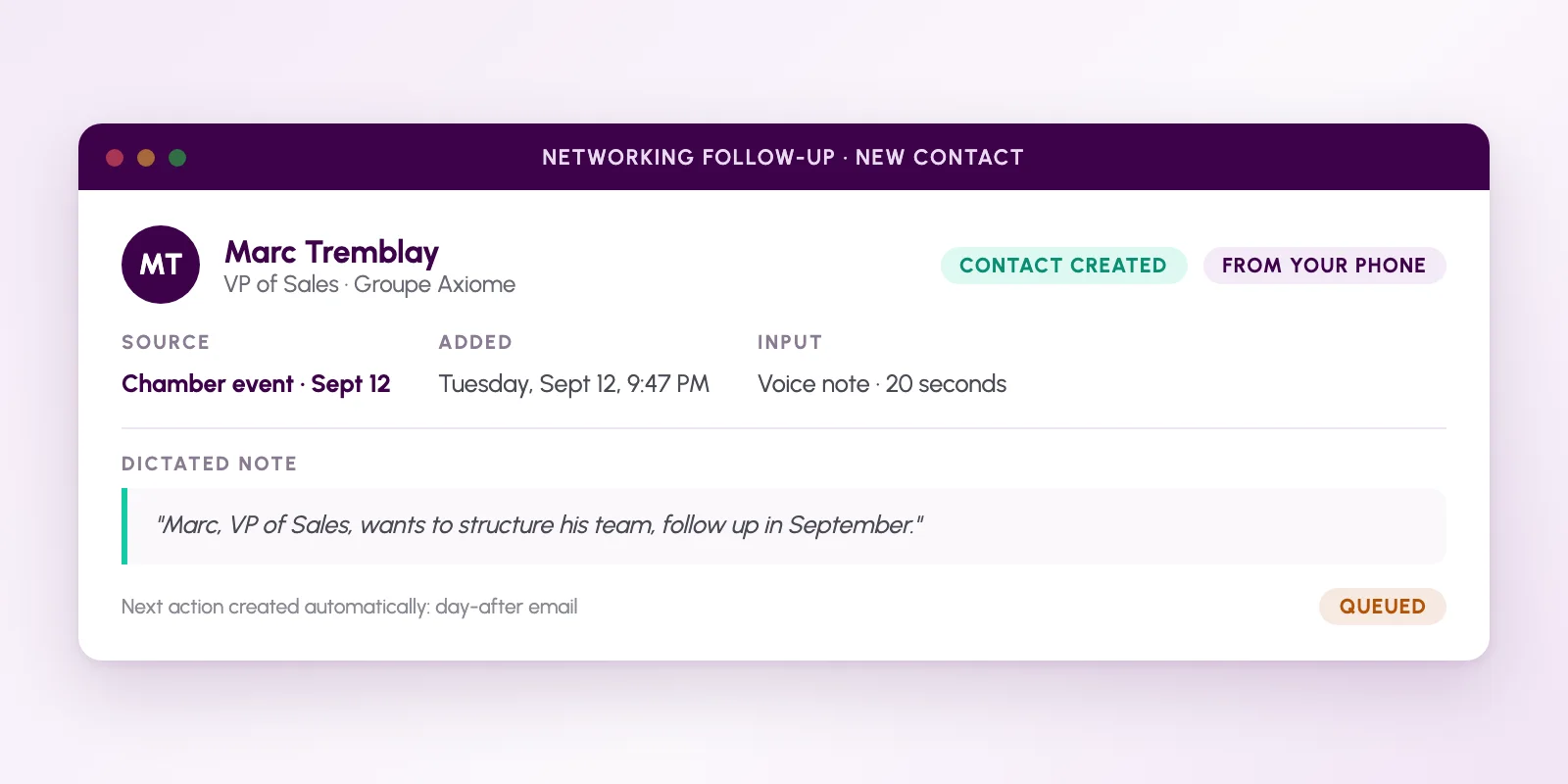 New contact record created right after a networking event