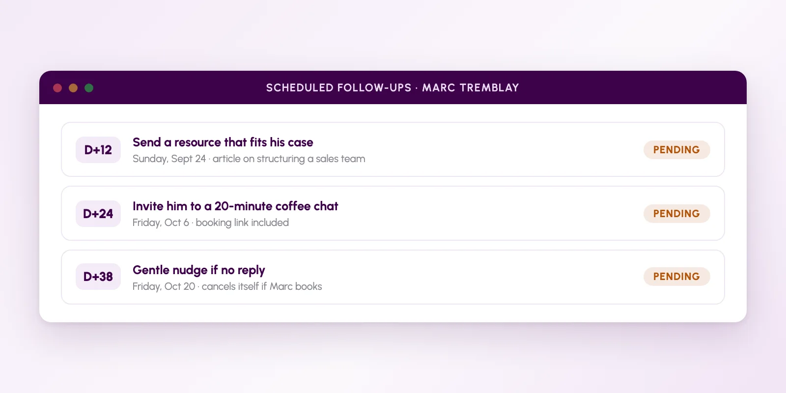 Networking follow-up sequence scheduled in the Meriaky system