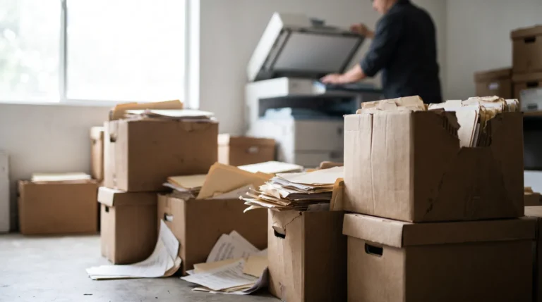 Boîtes d'archives papier empilées dans un bureau, un employé au scanner en arrière-plan