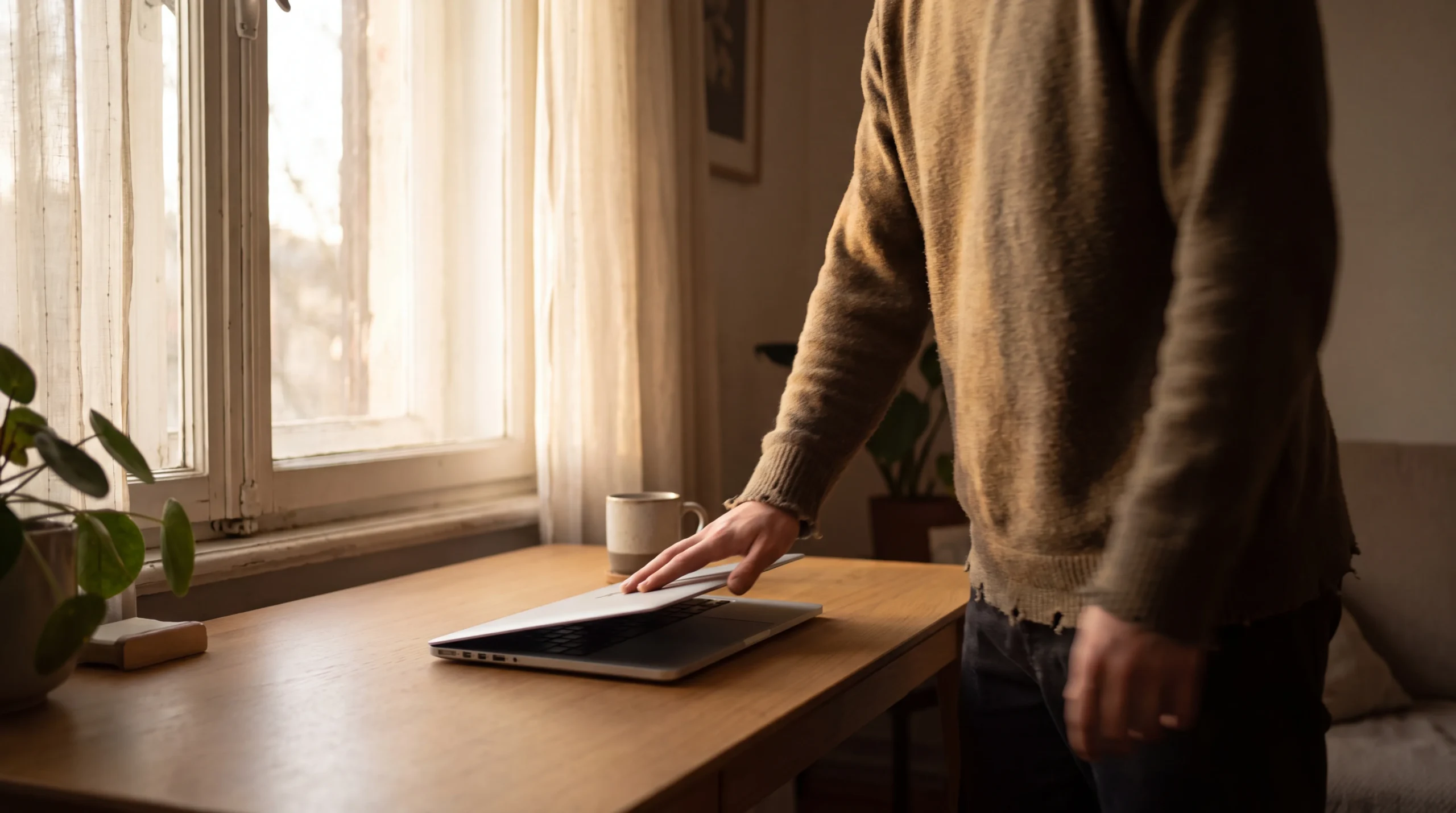 Personne qui ferme son ordinateur pour protéger un bloc de travail concentré