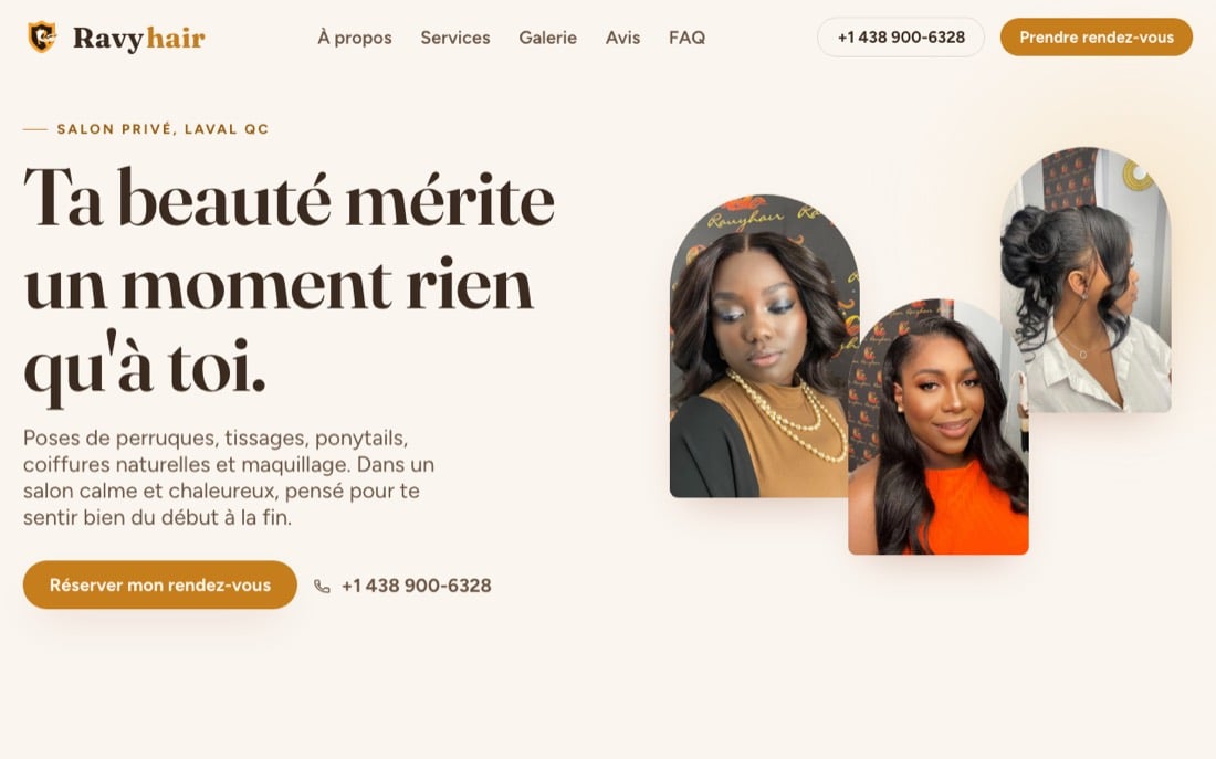 Page d'accueil du site Ravyhair, salon de coiffure privé à Laval