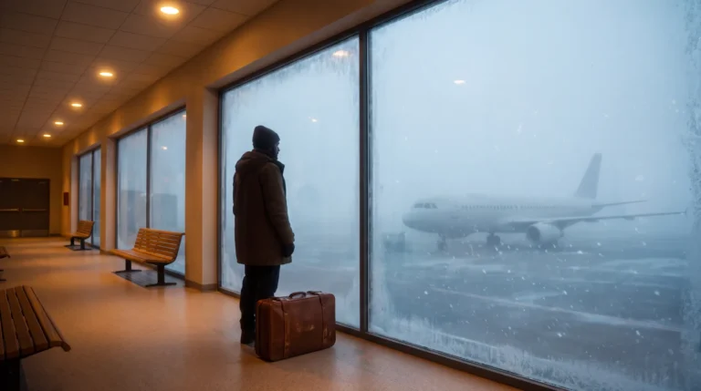 Silhouette avec une valise devant la fenêtre d'un aéroport en hiver