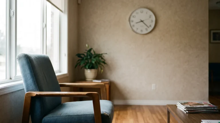 Empty waiting room with a chair and a wall clock, after a missed appointment