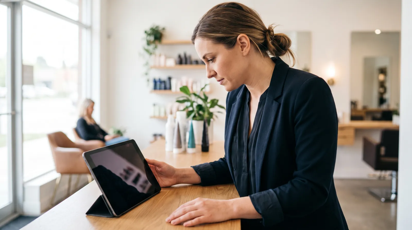Salon manager checking her calendar on a tablet to reduce no-shows