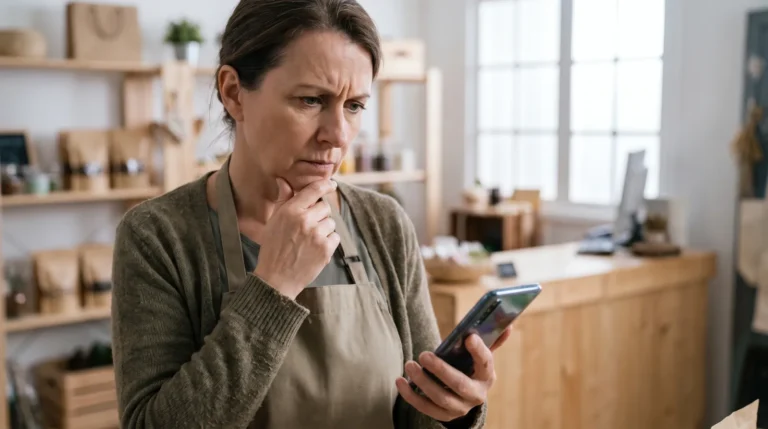 Gérante de commerce qui lit un avis client sur son téléphone d'un air préoccupé
