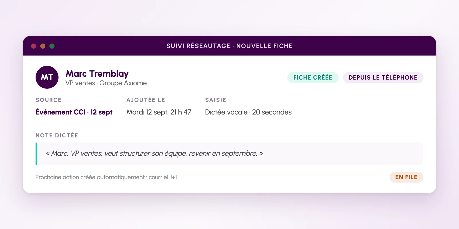 Fiche contact créée depuis le téléphone, source Événement CCI 12 sept