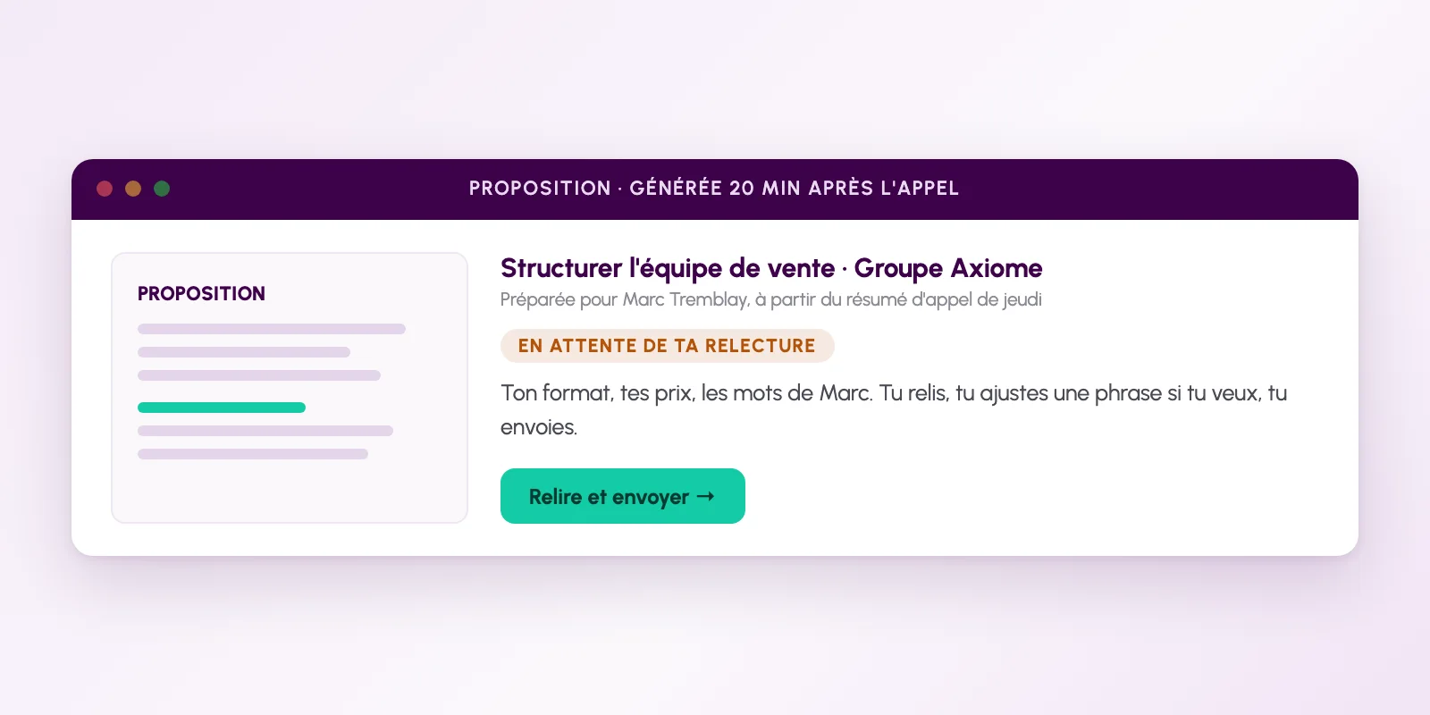 Proposition générée après l'appel, en attente de relecture