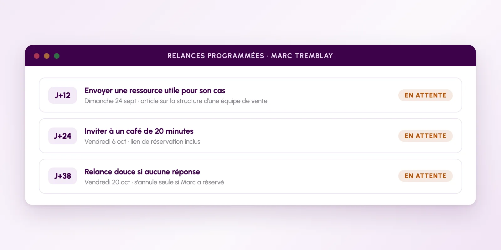 Les trois relances programmées avec leur statut en attente