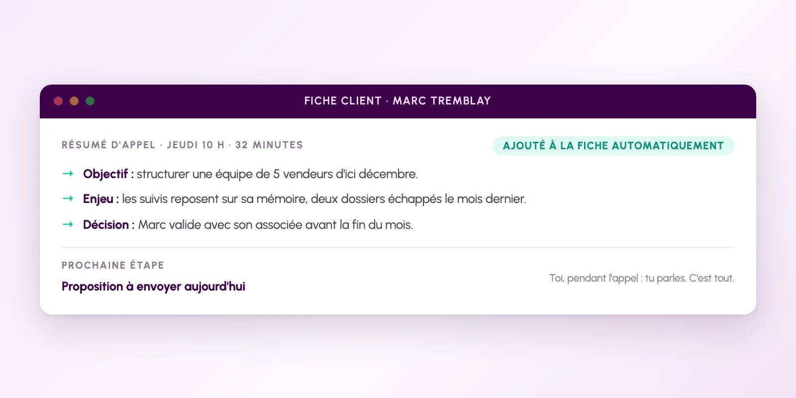 Résumé d'appel ajouté automatiquement dans la fiche client
