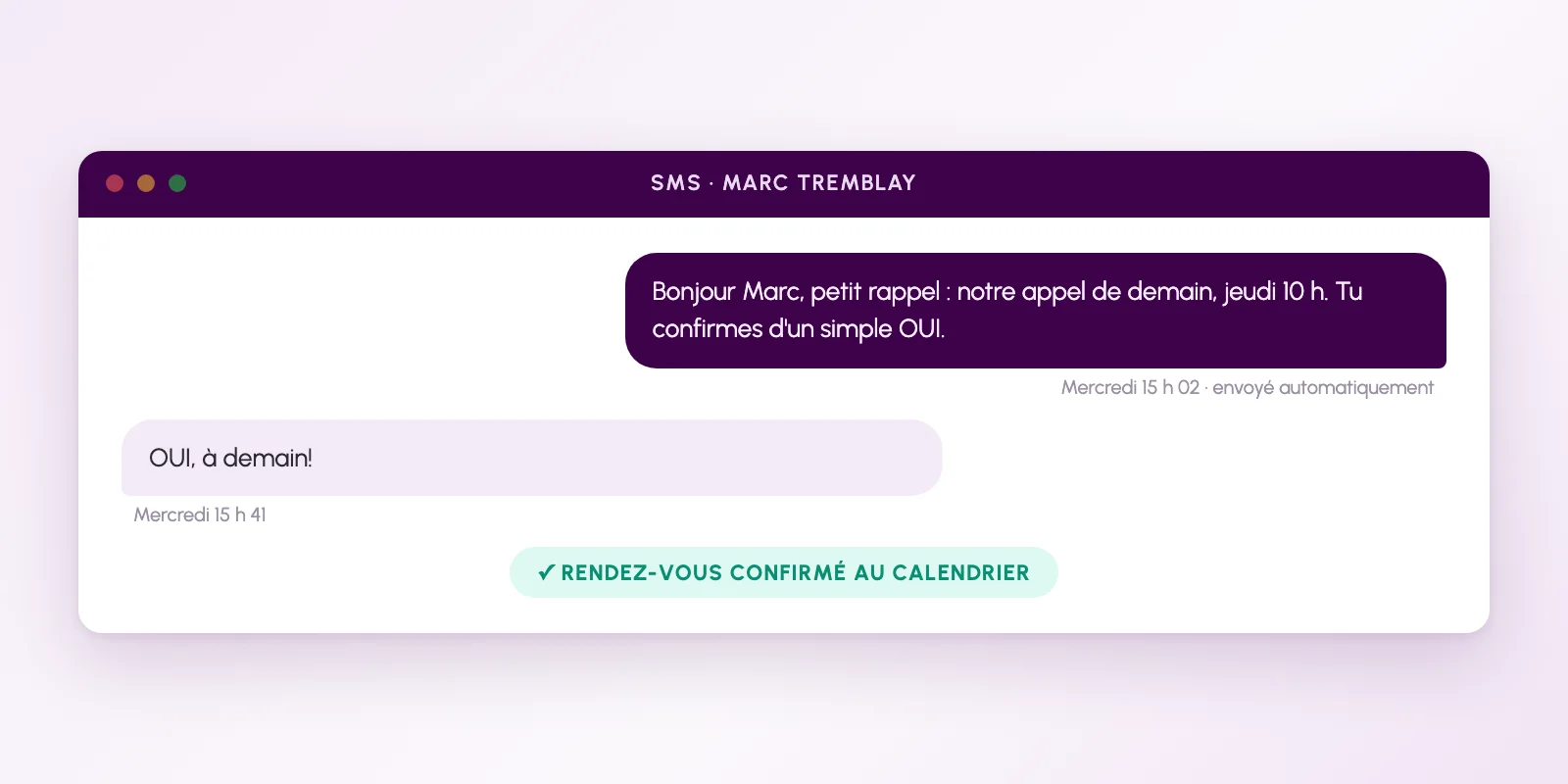 SMS de rappel du rendez-vous et confirmation en un clic
