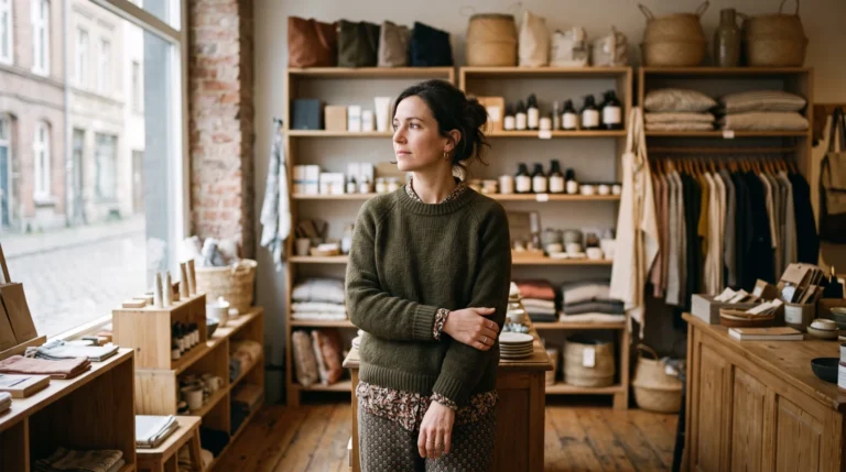 Commerçante hésitante devant l'écran de son ordinateur dans sa boutique