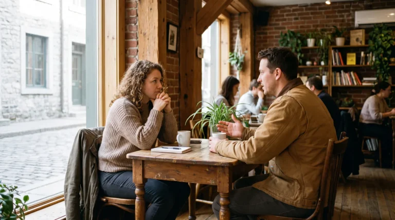 Two entrepreneurs in a discovery conversation across a small table