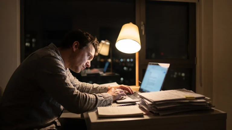 Entrepreneur encore devant son ordinateur portable tard le soir, sous la lampe du bureau