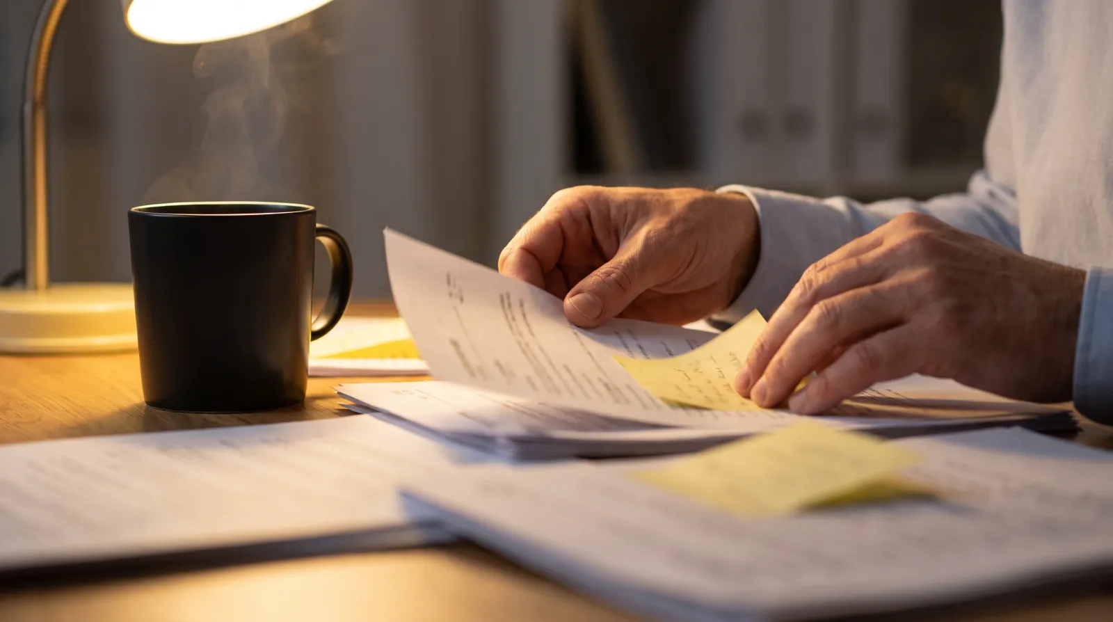 Mains qui trient des papiers et des notes tard le soir, le travail invisible que personne ne voit