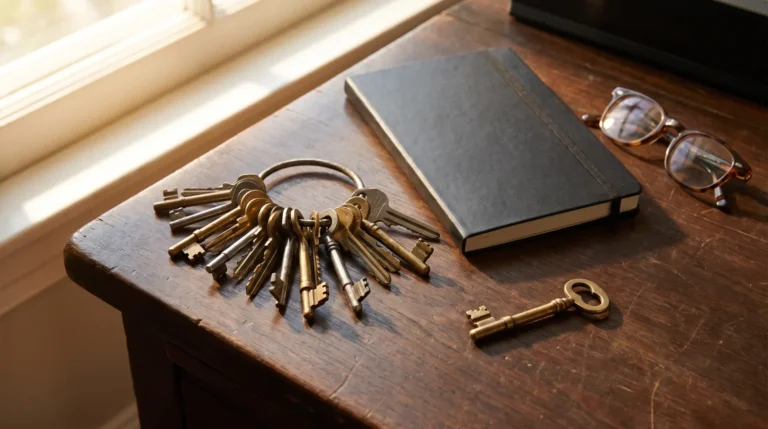 Ring of old keys on a dark wooden desk with a notebook and glasses, one key set apart