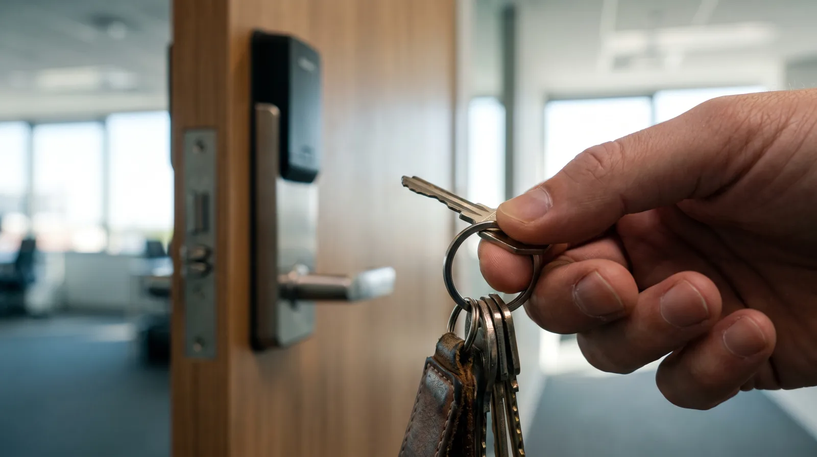 Hand removing a key from a key ring in front of an office door, a picture of access management