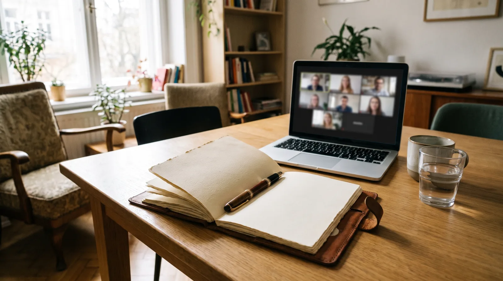 Open notebook and pen in front of a laptop on a video call, on a meeting table