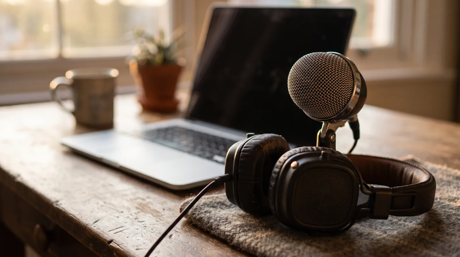 Desk microphone and headset in front of a laptop, an AI note taker running during a call